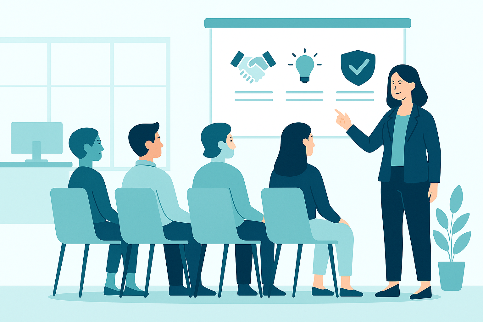 illustration of employees seated in a workplace conduct training session with an instructor in a modern office