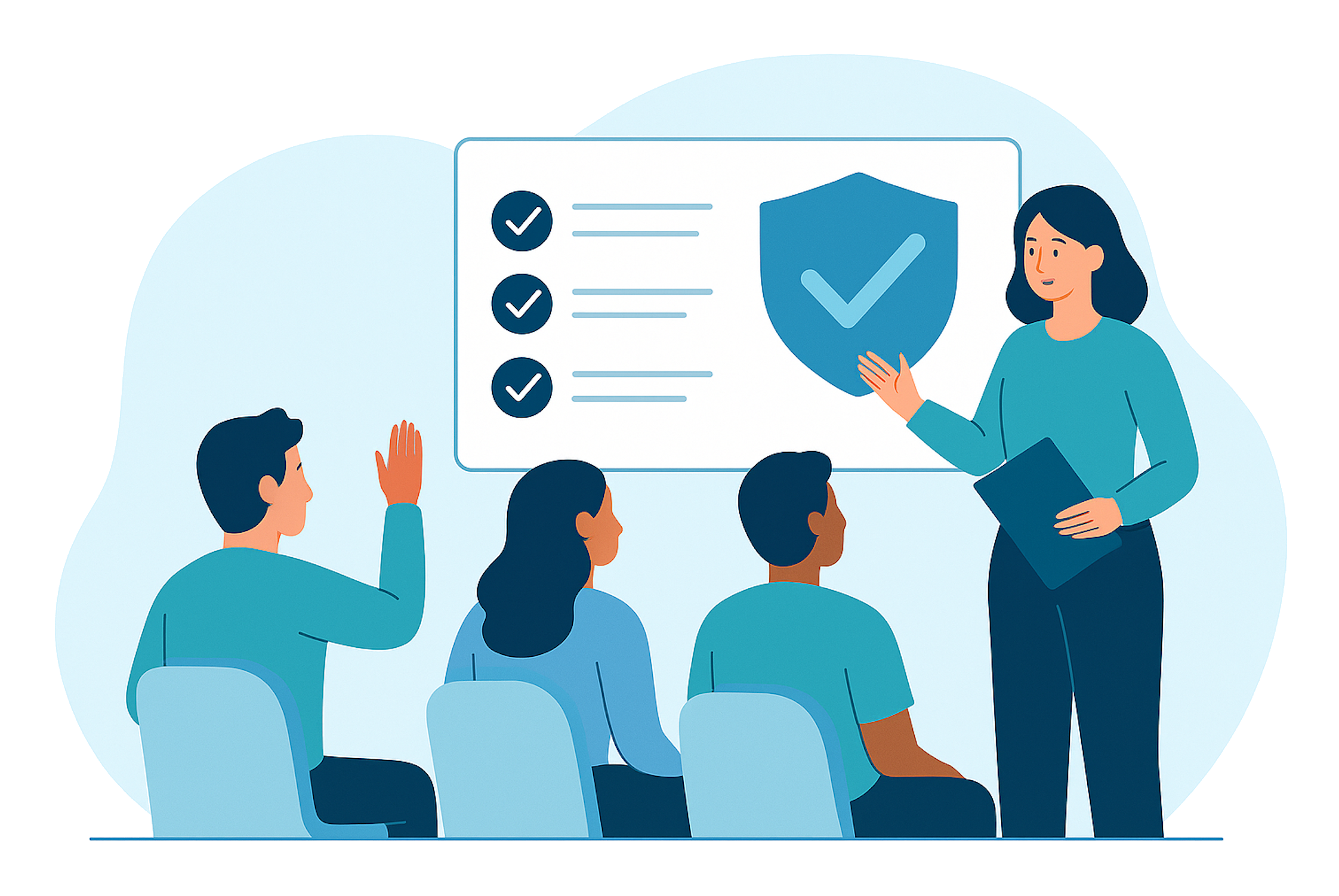 Workplace conduct training illustration showing an instructor teaching seated employees in a modern office