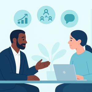 illustration of a supervisor coaching an employee on professionalism and soft skills in a modern office