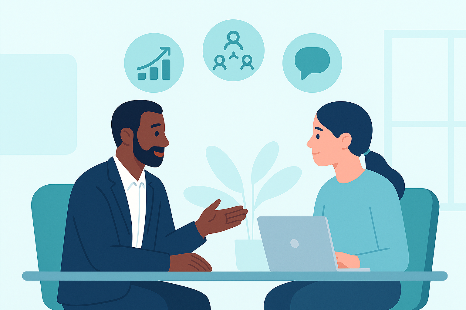 illustration of a supervisor coaching an employee on professionalism and soft skills in a modern office