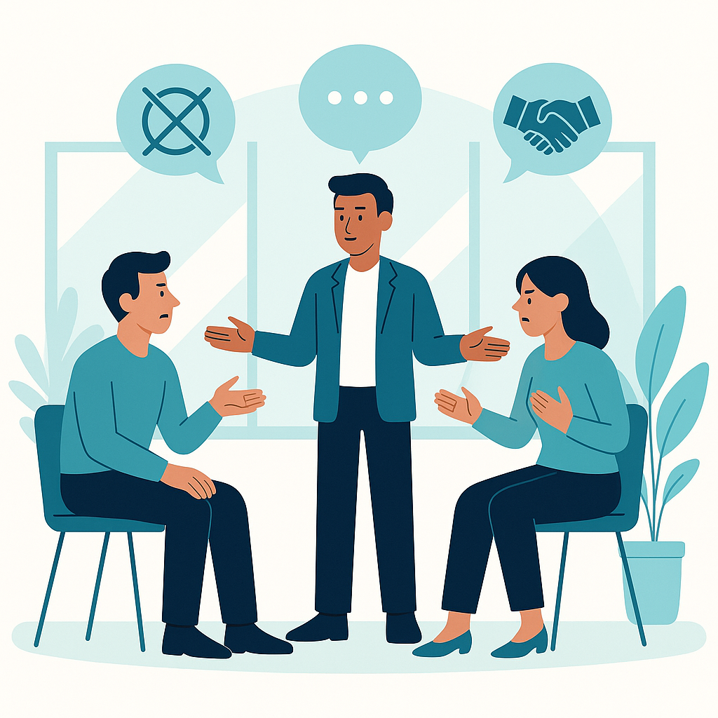 illustration of a manager using de-escalation techniques to calm two employees during a workplace conflict in a modern office
