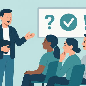 illustration of an instructor teaching decision-making and workplace consequences to employees in a modern office