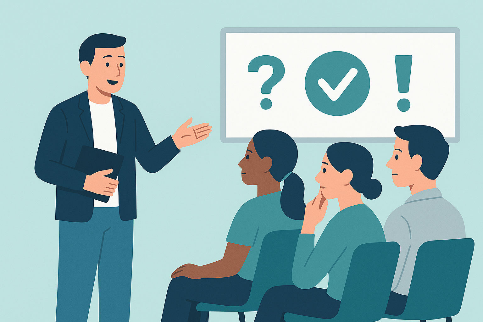 illustration of an instructor teaching decision-making and workplace consequences to employees in a modern office