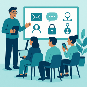 illustration of an instructor teaching digital workplace conduct to employees seated with laptops and phones in a modern office