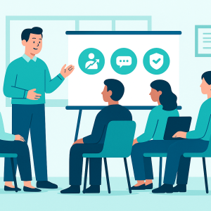 illustration of employees participating in an employee conduct program training session led by a facilitator in a modern office