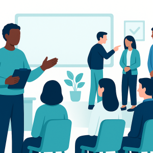 illustration of an instructor teaching employees about harassment, bullying and bystander behavior in a modern office