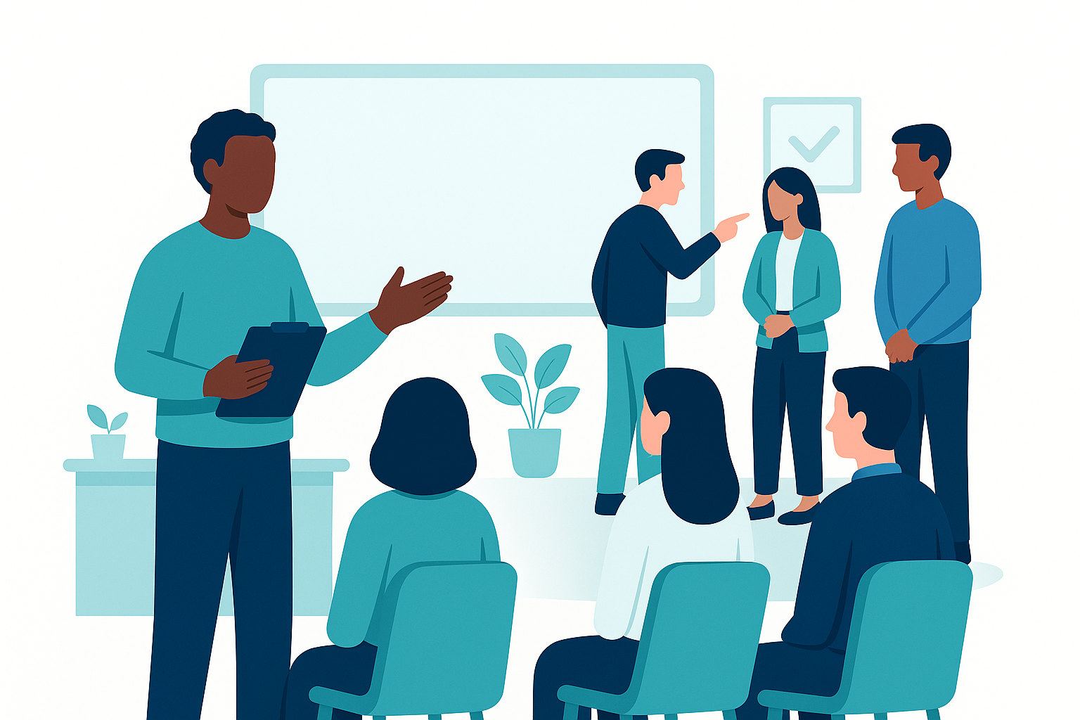 illustration of an instructor teaching employees about harassment, bullying and bystander behavior in a modern office