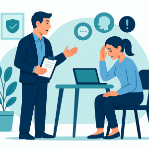 illustration of a supervisor having a difficult conversation with an employee in a calm, professional office setting
