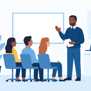illustration of an instructor teaching professional behavior and ethics to employees seated in a modern office