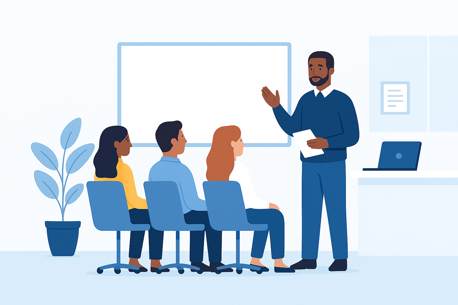 illustration of an instructor teaching professional behavior and ethics to employees seated in a modern office