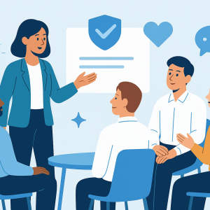 illustration of an instructor leading a psychological safety and speaking up training session with employees in a modern office