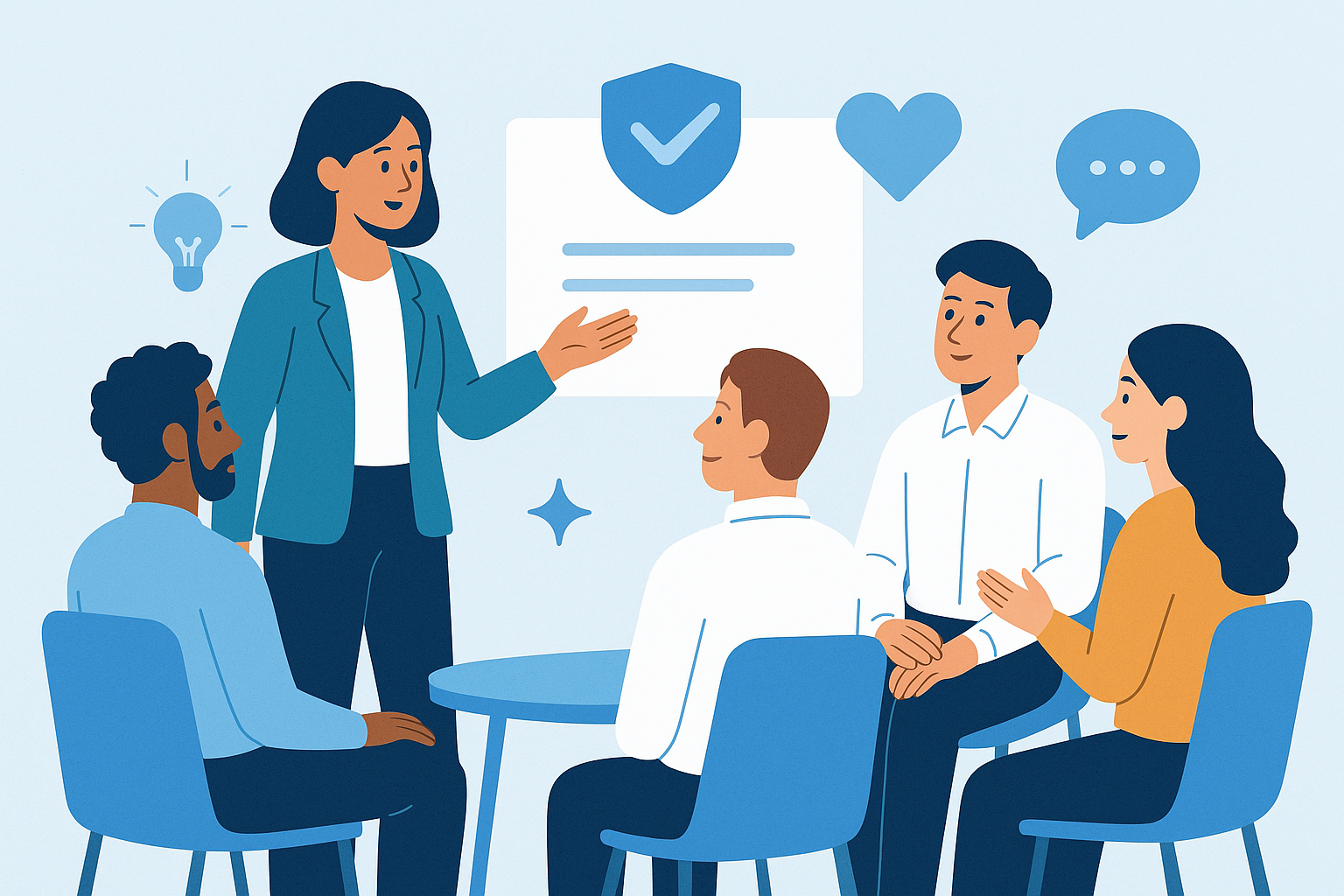 illustration of an instructor leading a psychological safety and speaking up training session with employees in a modern office