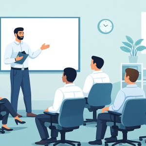 illustration of an instructor teaching Respect and Civility in the Workplace to a small group of employees in a modern office
