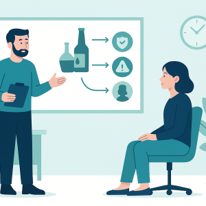 illustration of an instructor teaching substance awareness and workplace impact to an employee in a modern office