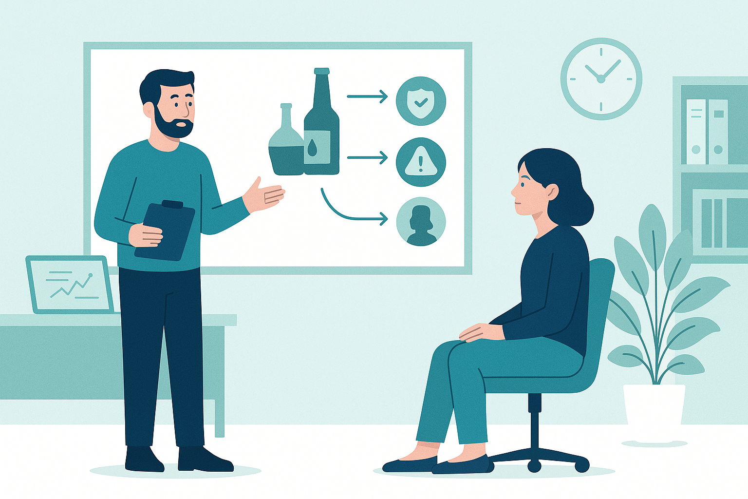 illustration of an instructor teaching substance awareness and workplace impact to an employee in a modern office