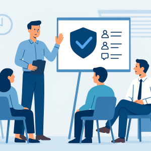 illustration of a supervisor leading a conduct and accountability training session with employees in a modern office