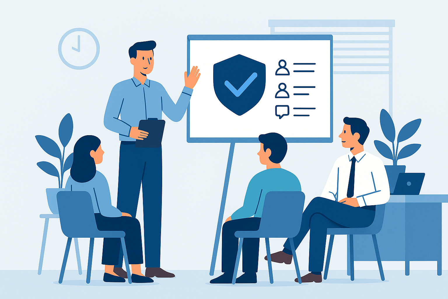 illustration of a supervisor leading a conduct and accountability training session with employees in a modern office