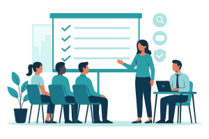 illustration of a supervisor leading a leadership development session for other supervisors in a modern office
