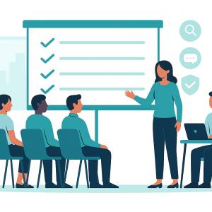 illustration of a supervisor leading a leadership development session for other supervisors in a modern office