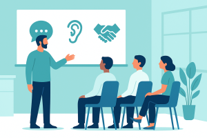 illustration of an instructor teaching Workplace Communication Skills to employees seated in a modern office