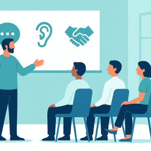 illustration of an instructor teaching Workplace Communication Skills to employees seated in a modern office