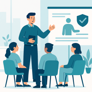 illustration of an instructor teaching Workplace Conduct Essentials to seated employees in a modern office