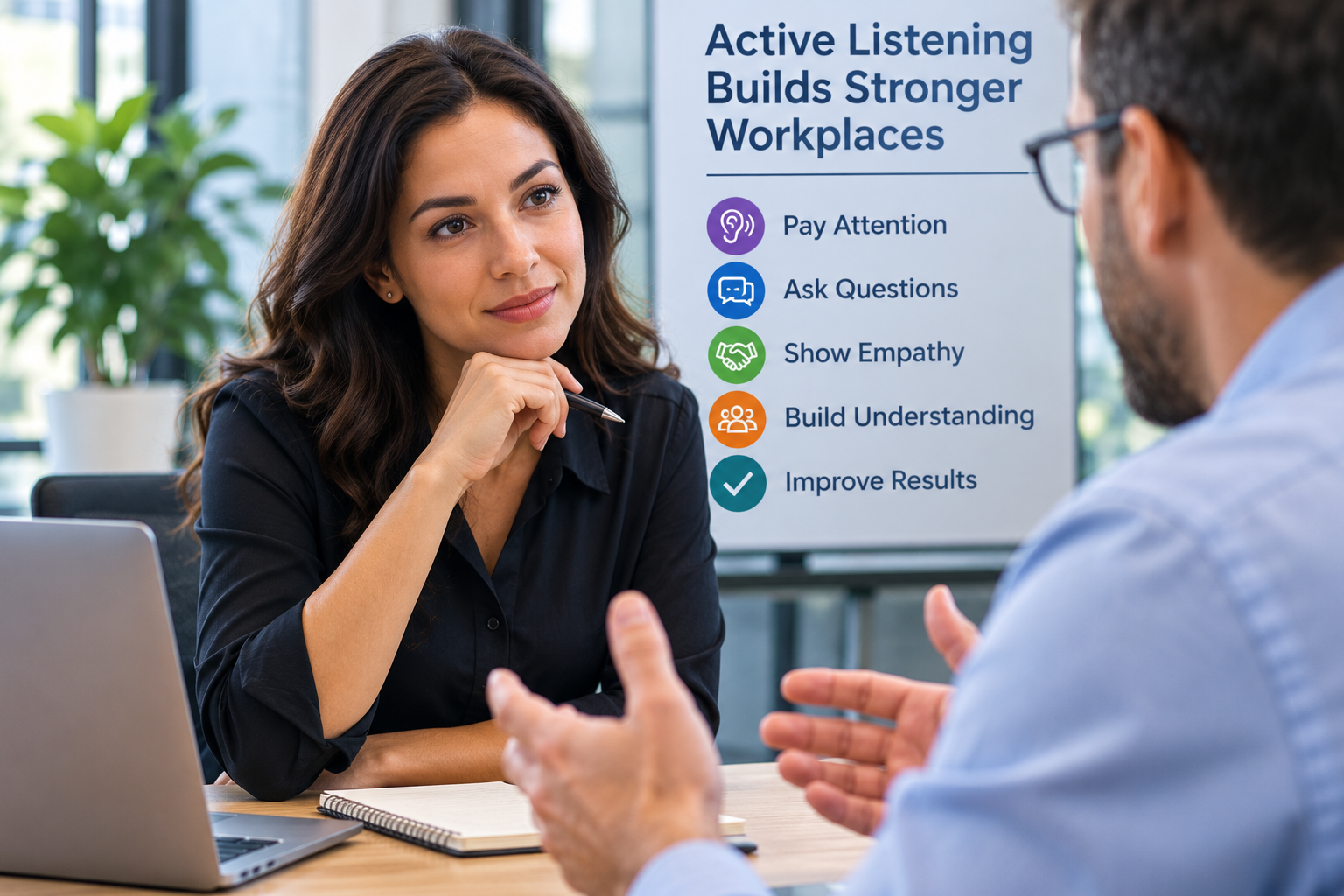 Active listening skills training for employees practicing attentive listening, clarifying questions and professional workplace communication