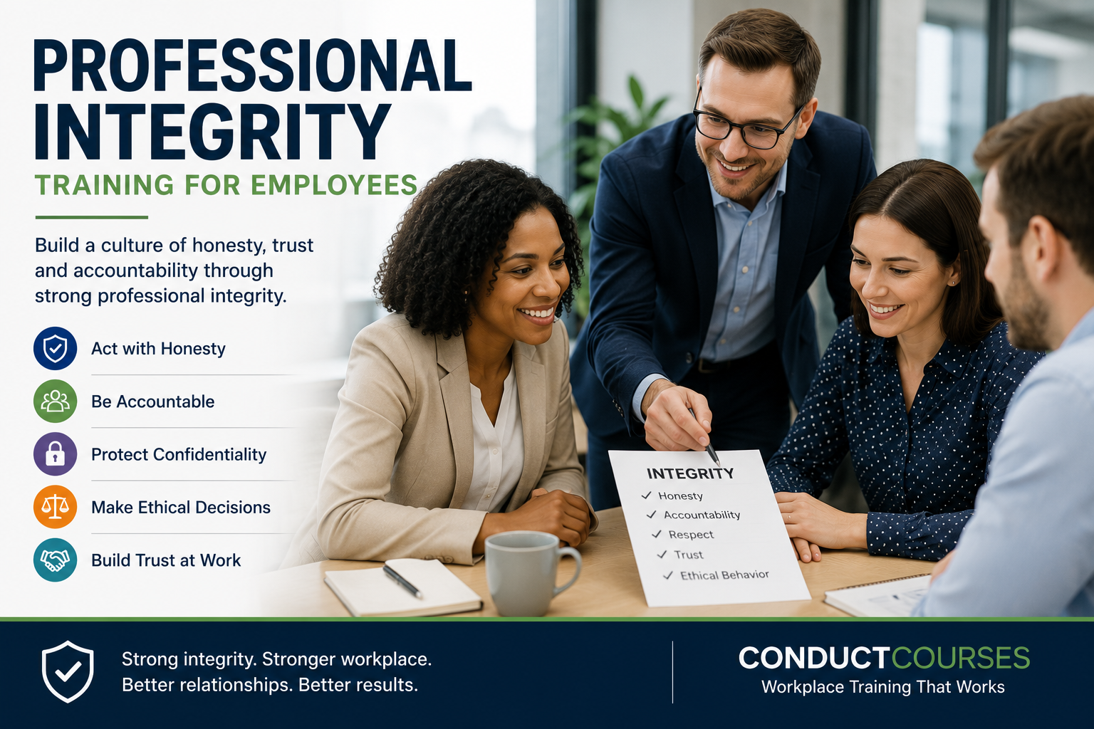 Professional integrity training for employees learning honesty, accountability, ethical judgment and workplace trust